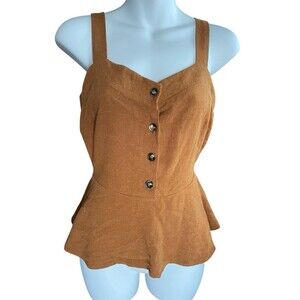 Monteau Women's Sleeveless Blouse Wide Straps Buttons Linen Rayon Brown SZ S